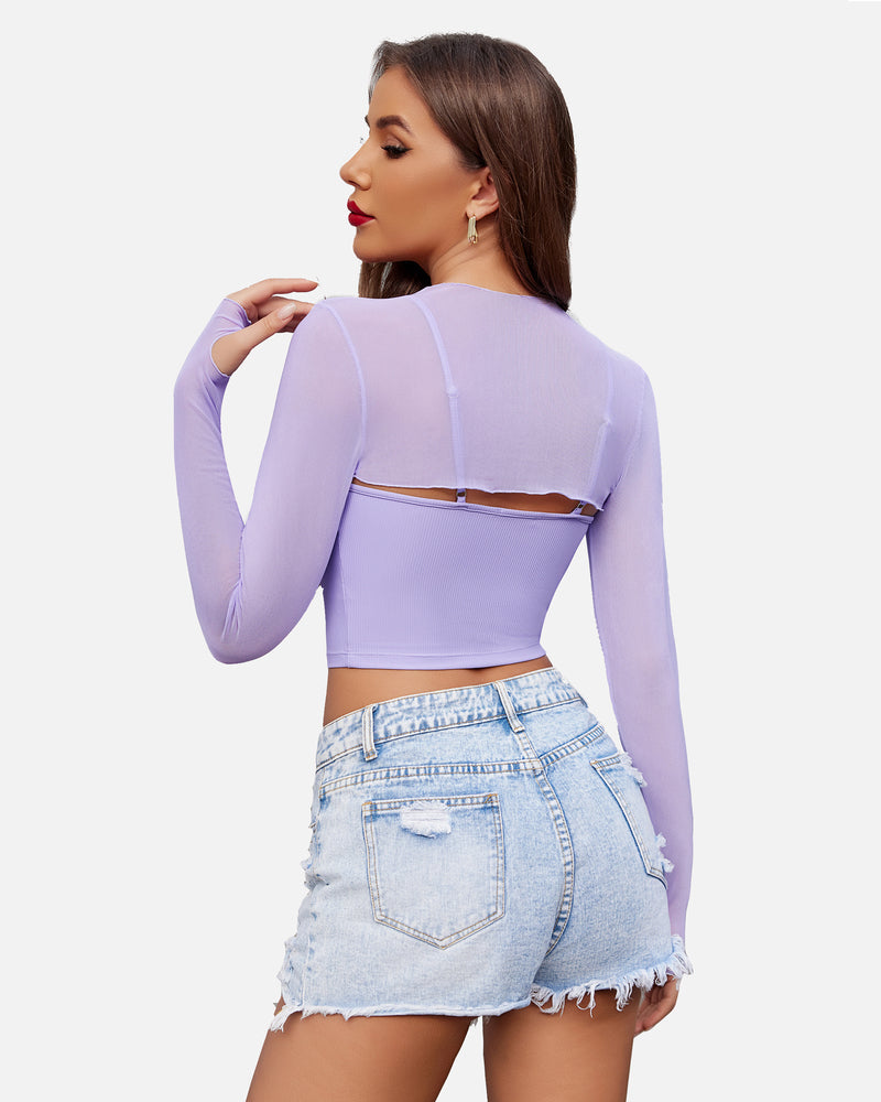 Lilac mesh crop top and cami set, fashionable lingerie with long sleeves for a stylish look.