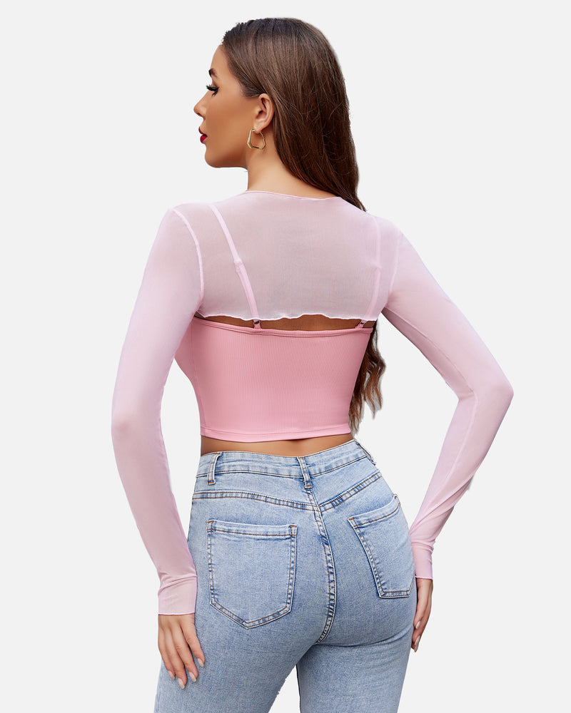 Pink mesh crop top and cami set, fashionable lingerie with long sleeves, sexy and stylish.