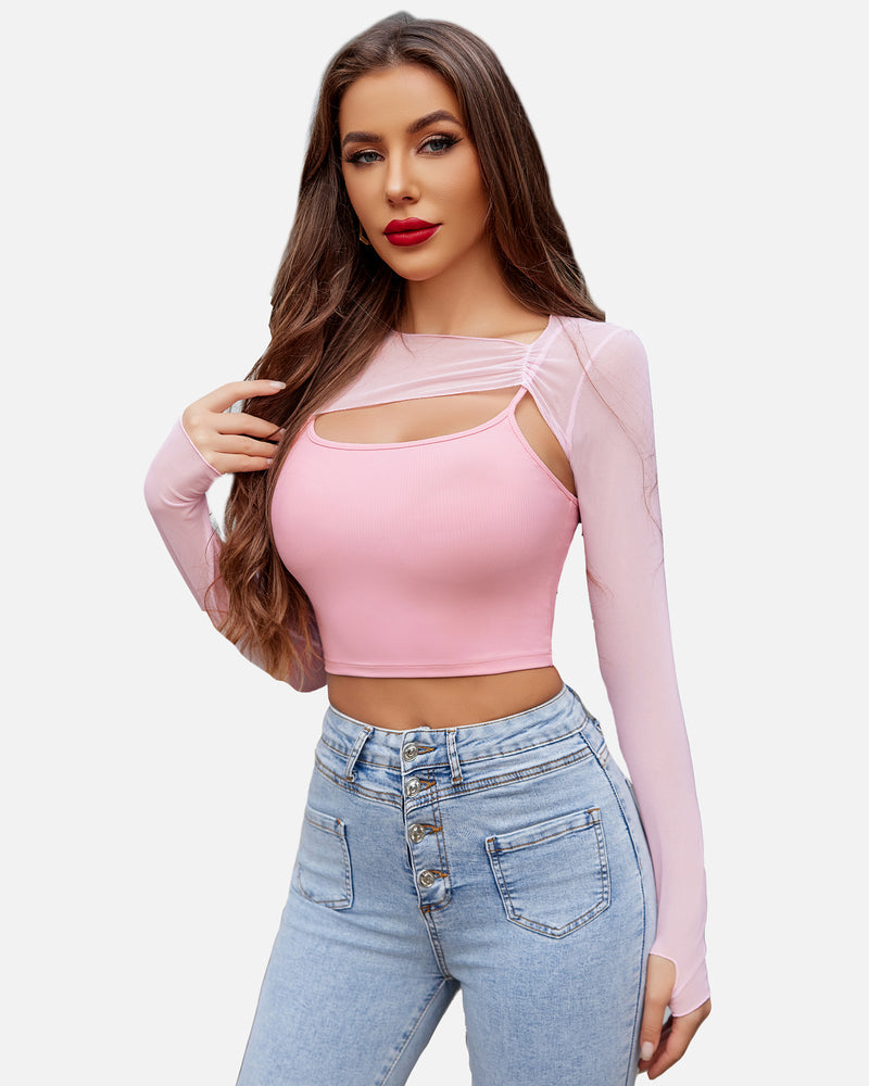 Pink mesh crop top and cami set, stylish lingerie with long sleeves, perfect for a fashionable look.