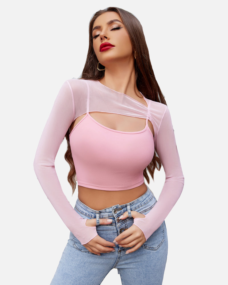 Pink mesh crop top and cami set, long sleeves, fashionable lingerie for a stylish look.