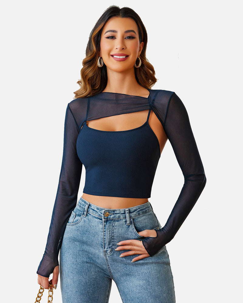 Mesh crop top and cami set in dark blue, long sleeves. Stylish lingerie for a fashionable look.