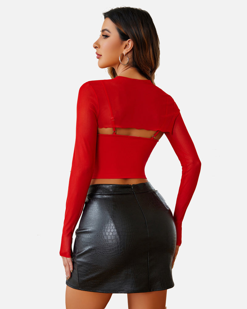 Red mesh crop top and cami set. Long sleeves. Fashionable and sheer design for sexy lingerie.