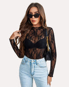 avidlove womens mesh top long sleeve mock neck sheer blouse see through floral lace tops