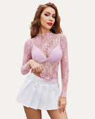 avidlove womens mesh top long sleeve mock neck sheer blouse see through floral lace tops