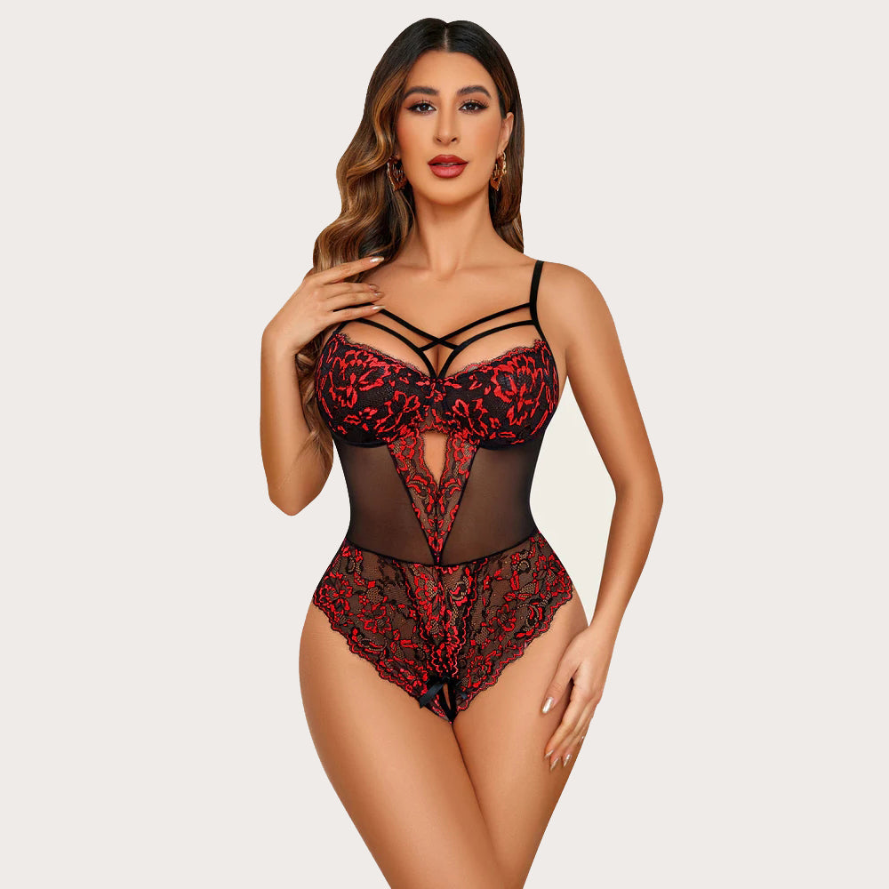 Red and black floral lace harness bodysuit with criss-cross straps, sexy lingerie by Avidlove