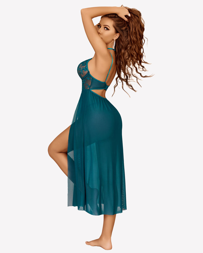 Avidlove Teal Lace Mesh Side Split Nightgown featuring floral lace cups and high slit, sexy lingerie