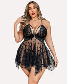 Plus size red lace babydoll nightdress with sheer polka dots and adjustable straps.