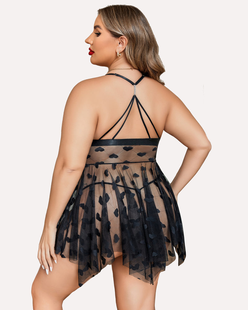 Plus size black babydoll with heart details, sheer asymmetrical hem and rhinestone straps