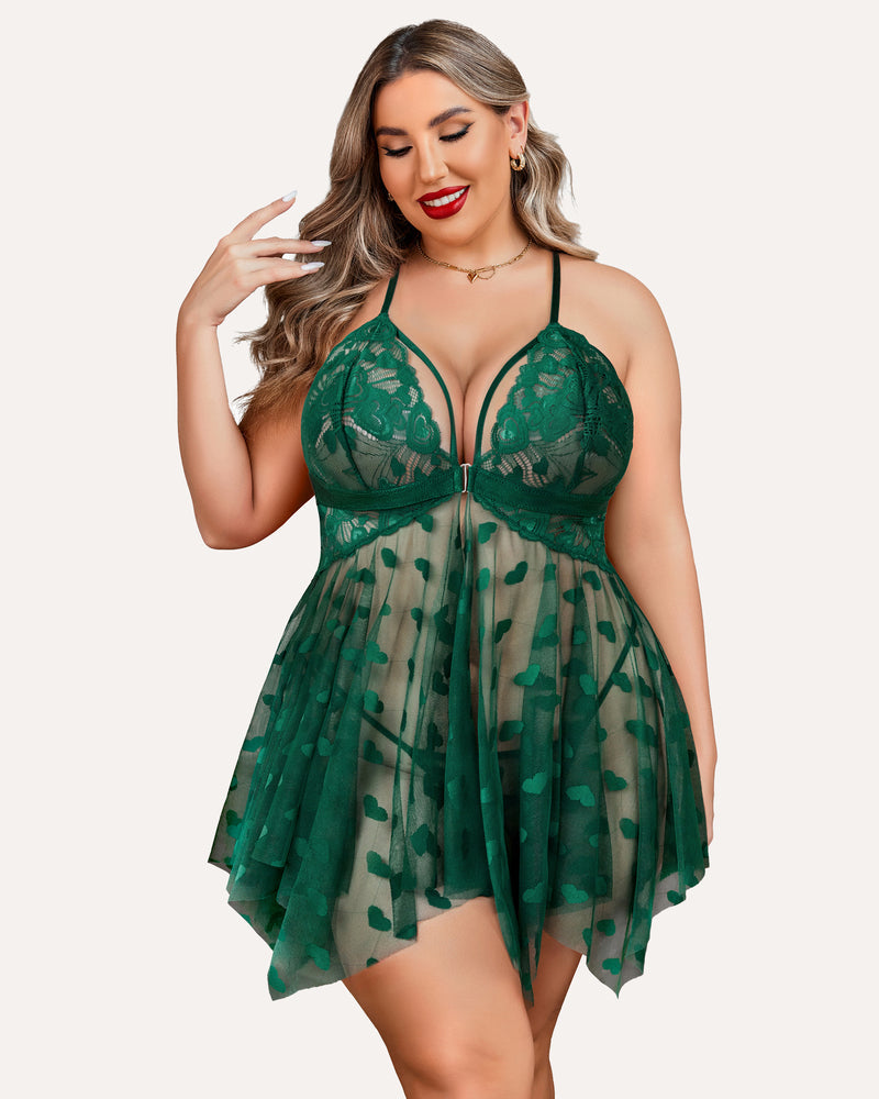 Plus Size Green Lace Babydoll Nightdress with Heart Details and Adjustable Straps
