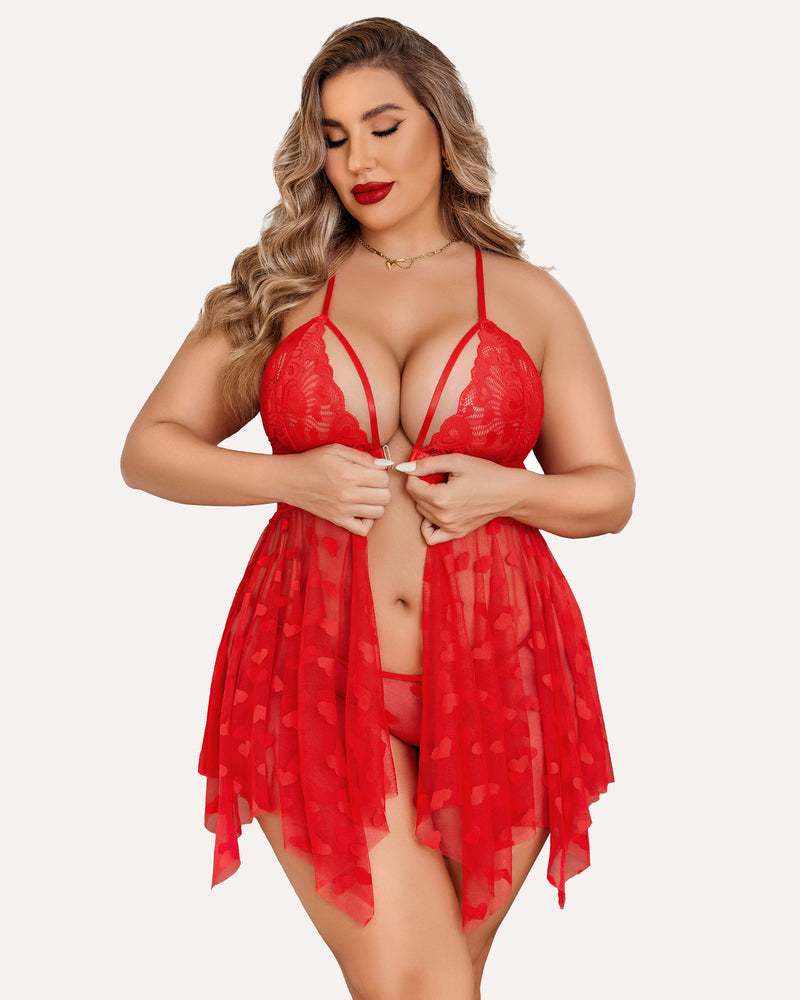 Plus Size Red Lace Babydoll Nightdress featuring heart details and adjustable straps