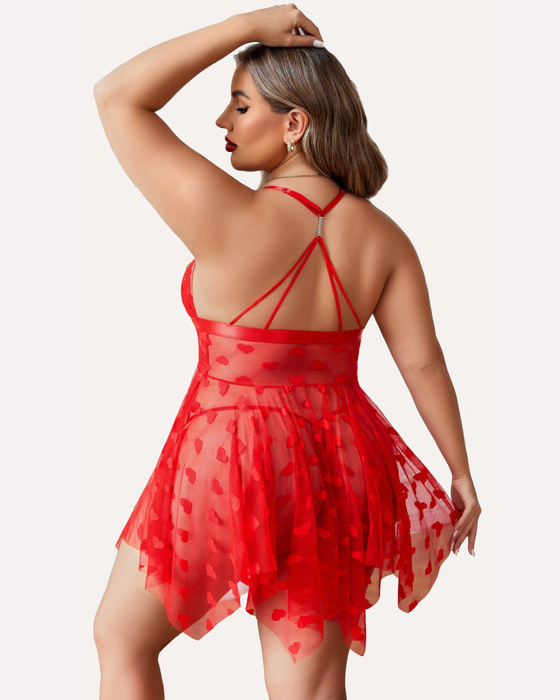 Plus size red babydoll nightdress with rhinestone straps and heart details