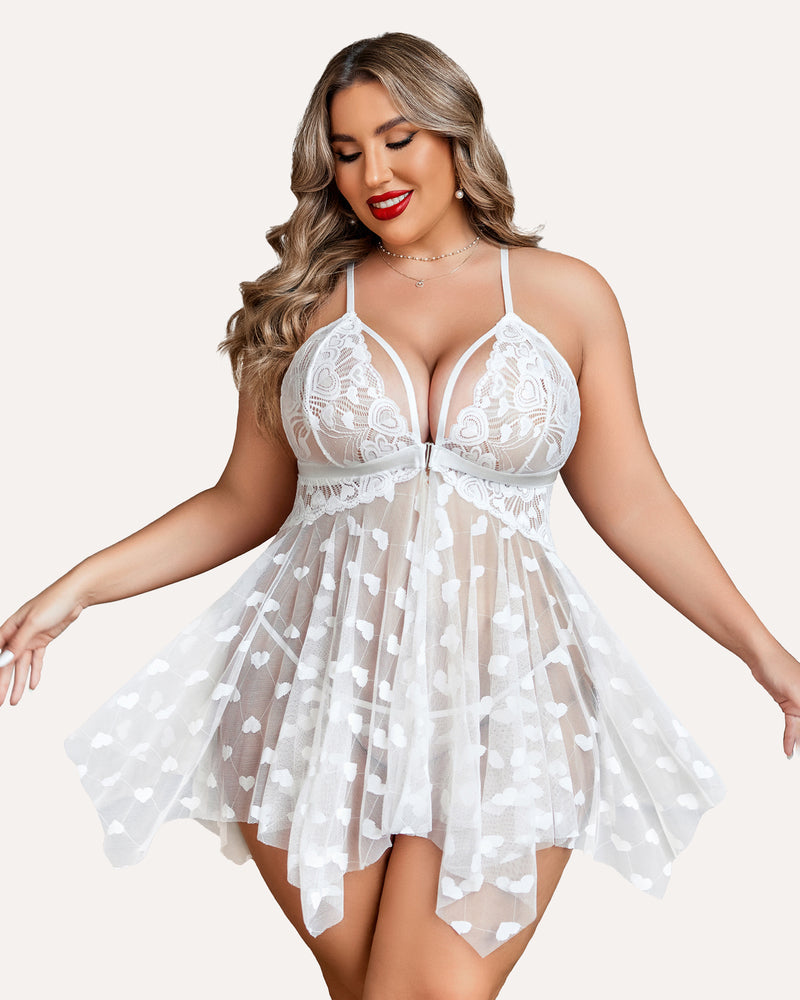 Plus Size White Lace Babydoll Nightdress, Heart Details, Adjustable Straps, Asymmetrical Hem