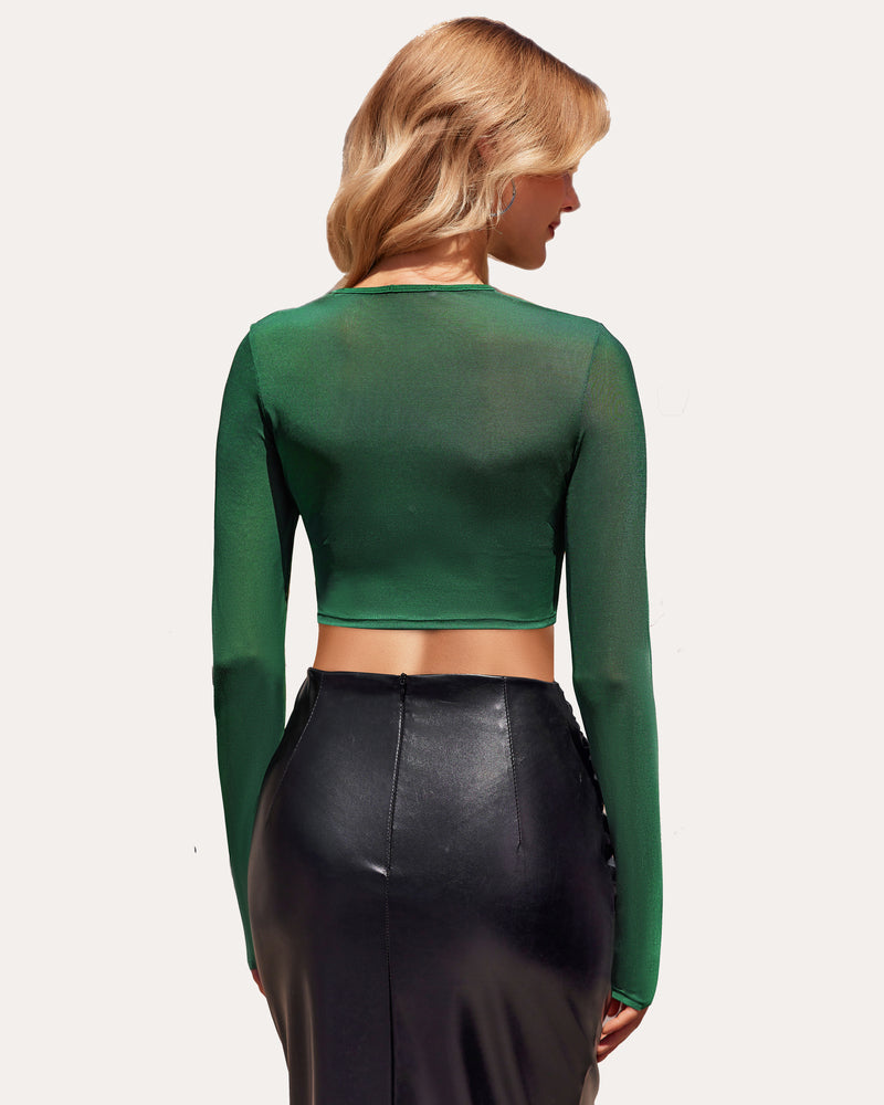 Green mesh crop top and black leather skirt, perfect club outfit, Avidlove long sleeve crop top