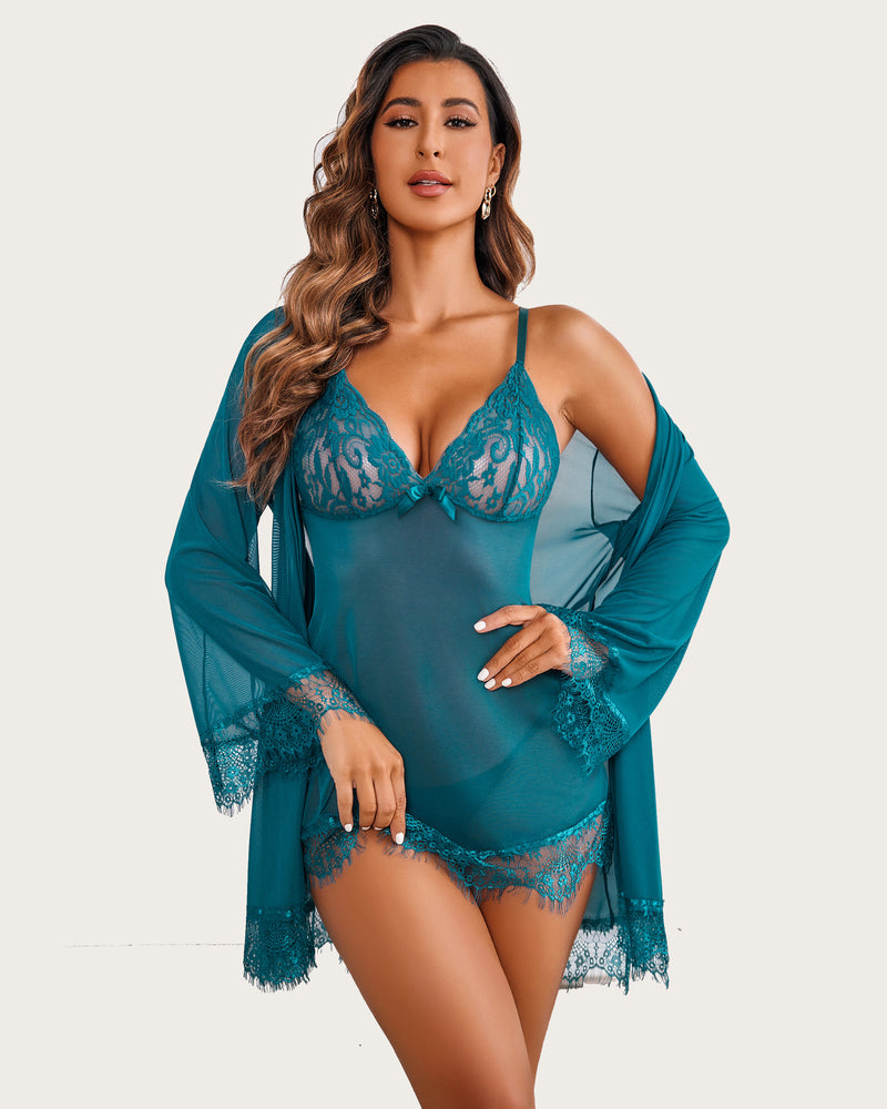 Teal three-piece mesh robe and lace babydoll lingerie set, perfect for showing curves, Avidlove
