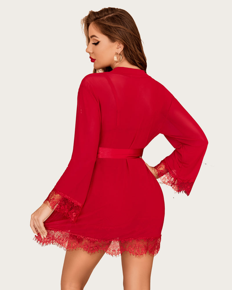 Red mesh robe with lace trim, satin belt, showing curves and confidence, perfect for women