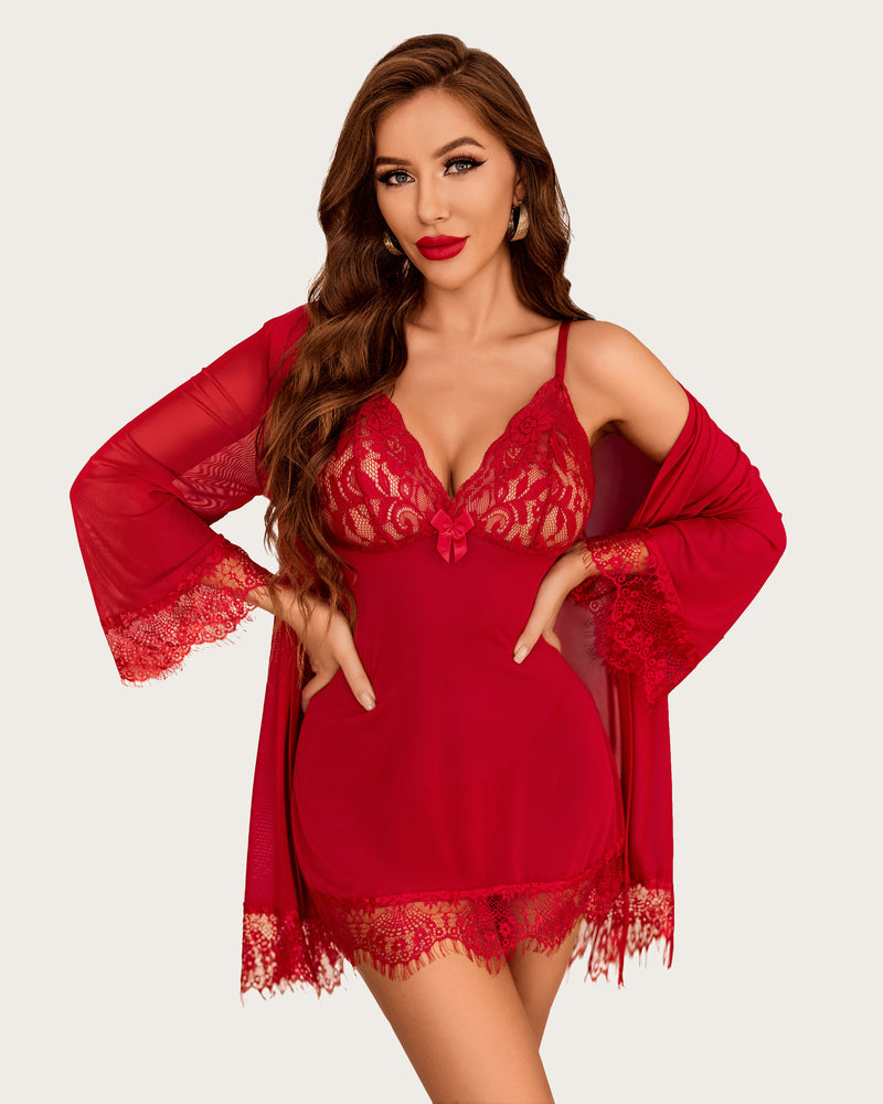Avidlove red mesh robe and lace babydoll lingerie set; designed for women.