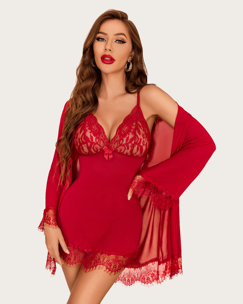 Red mesh robe and lace babydoll lingerie set, designed to enhance curves by Avidlove.