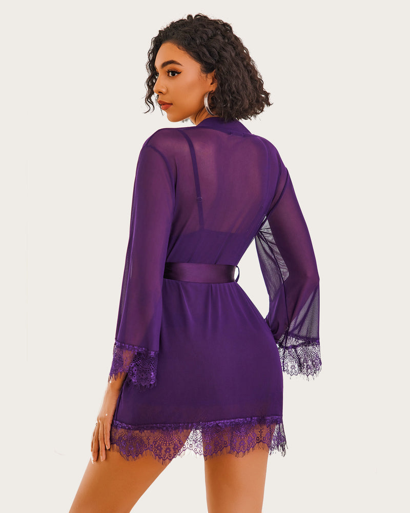 Avidlove purple mesh robe lingerie set; lace trim, satin belt, and bell sleeves for women