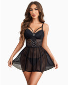 White lace babydoll with sheer skirt, adjustable straps, and back hook closure.