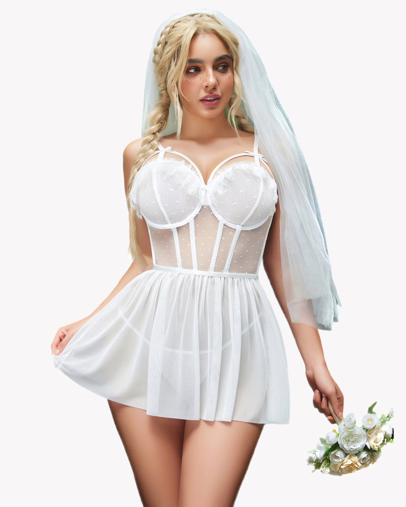 White mesh bridal chemise nightgown with lace, underwire. Elegant and sexy lingerie for women.