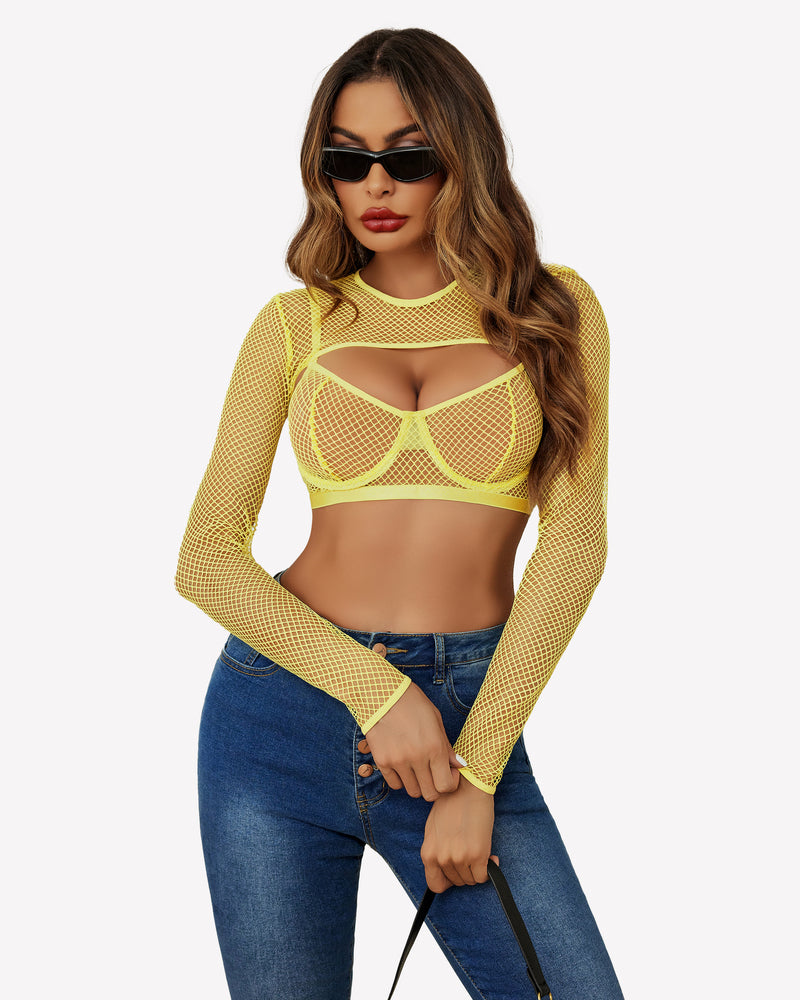 Yellow fishnet lingerie set with crop top and bra. Sexy and fashionable lingerie for women.