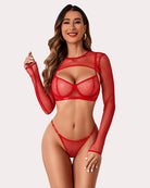 avidlove sexy 3 piece lingerie set rave outfits for women fishnet long sleeve crop top sheer bra and panty