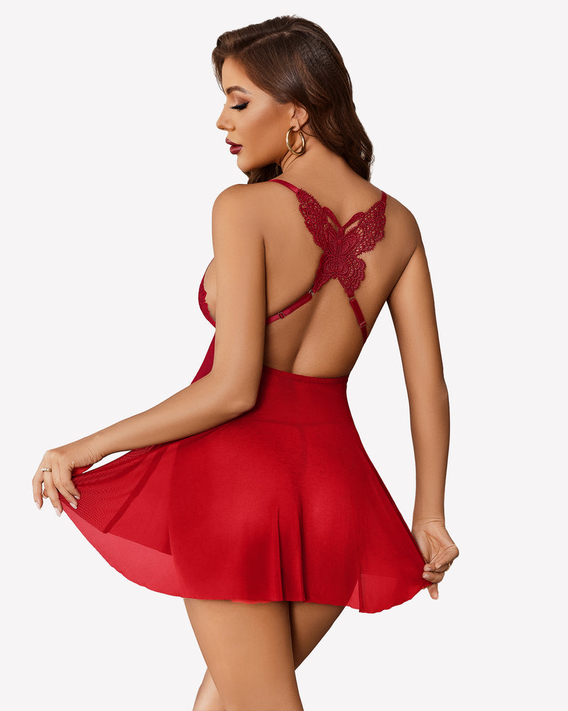 Red V-neck babydoll lingerie with butterfly back and flowing skirt. A romantic outfit.