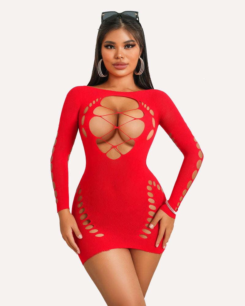 Red fishnet mesh dress with cut-outs and lace-up detail; sexy lingerie for women