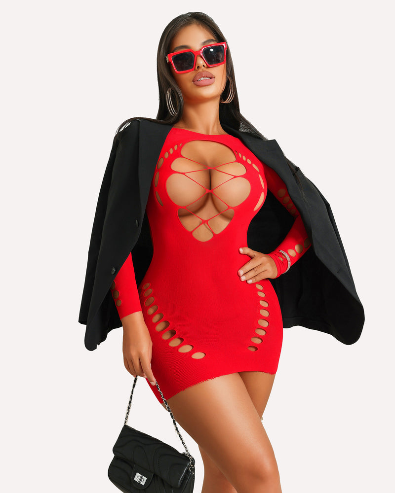 Red fishnet mini dress with cut-outs; sexy lingerie for women, featuring a backless design