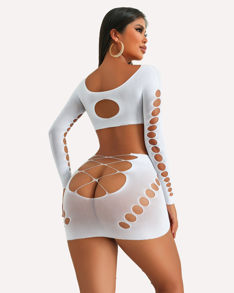 White cut-out fishnet lingerie set; backless design for women. Sexy and form-fitting, Avidlove.