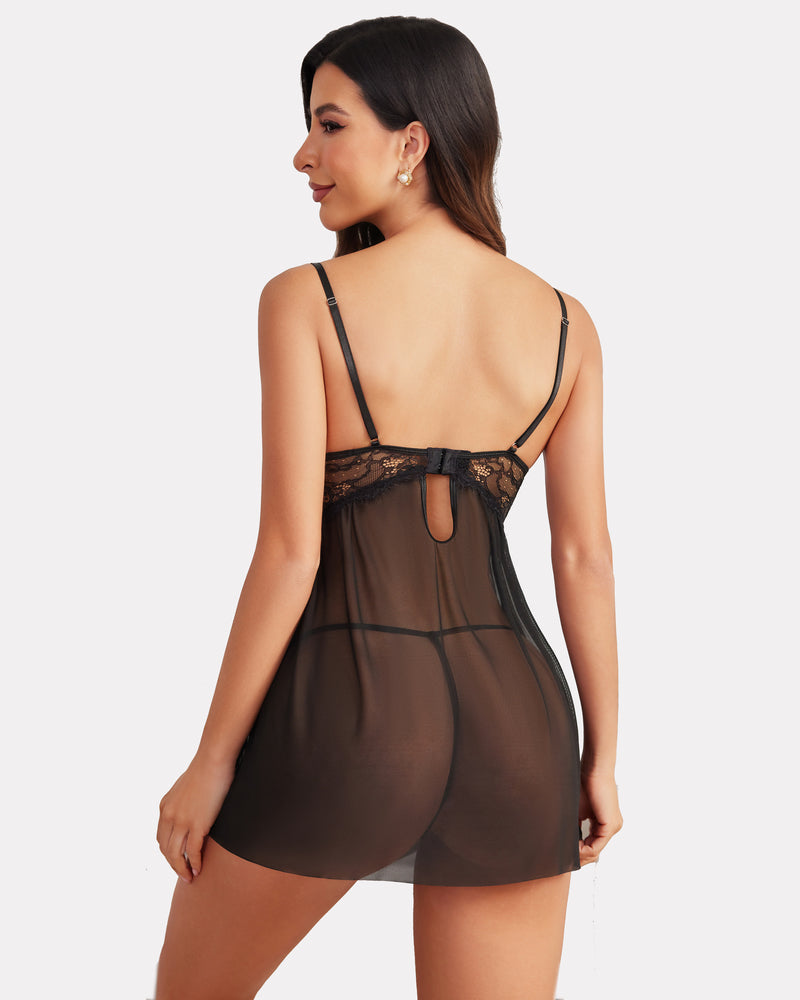 Black babydoll nightie with lace detailing and adjustable straps, perfect for special nights