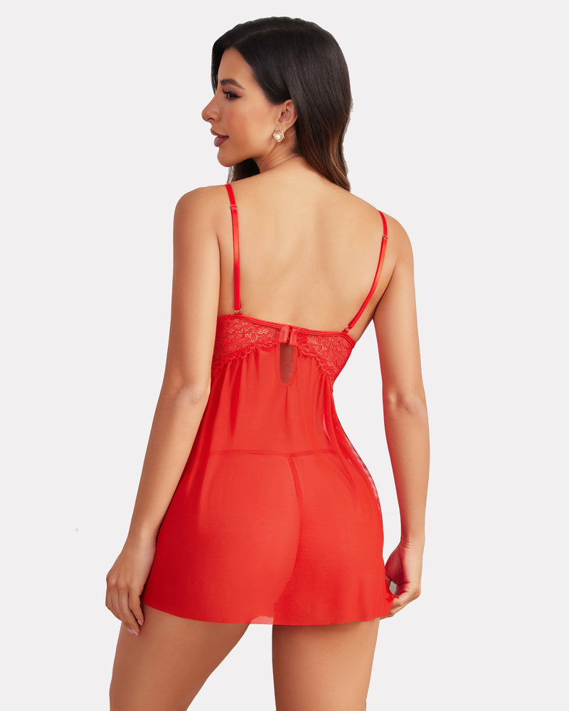 Red lace babydoll nightie with adjustable straps and sheer fabric, perfect for special nights.