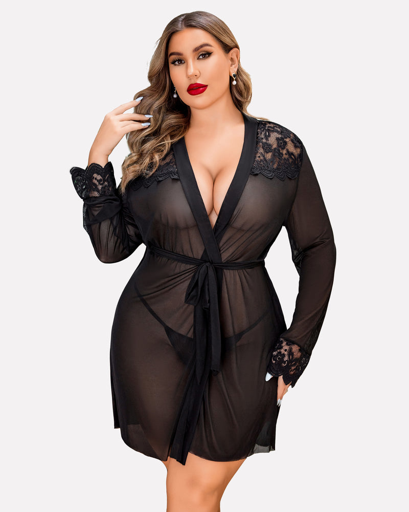 Plus Size Black Mesh Robe Lingerie Set with Lace Details - Avidlove Sleepwear