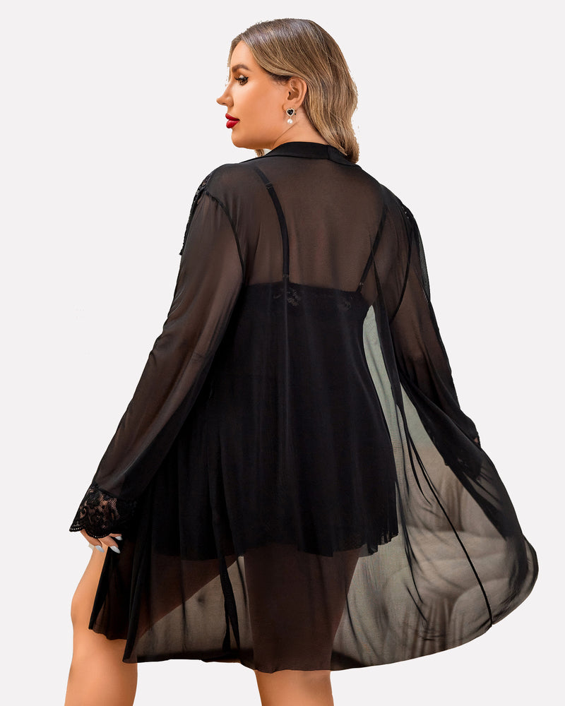 Plus Size Black Sleepwear Set with Sheer Mesh Robe and Lace Nightgown