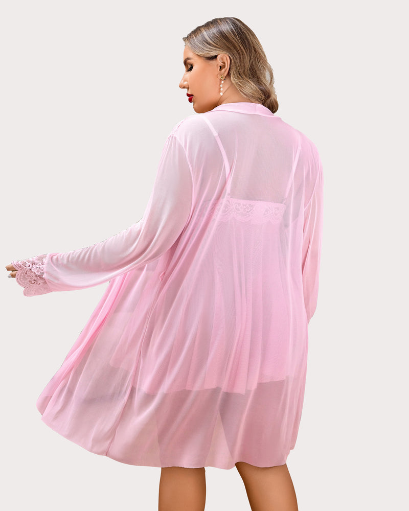 Plus Size Pink Lace Lingerie Set with Mesh Robe. Delicate lace, deep V-neck, sexy sleepwear.