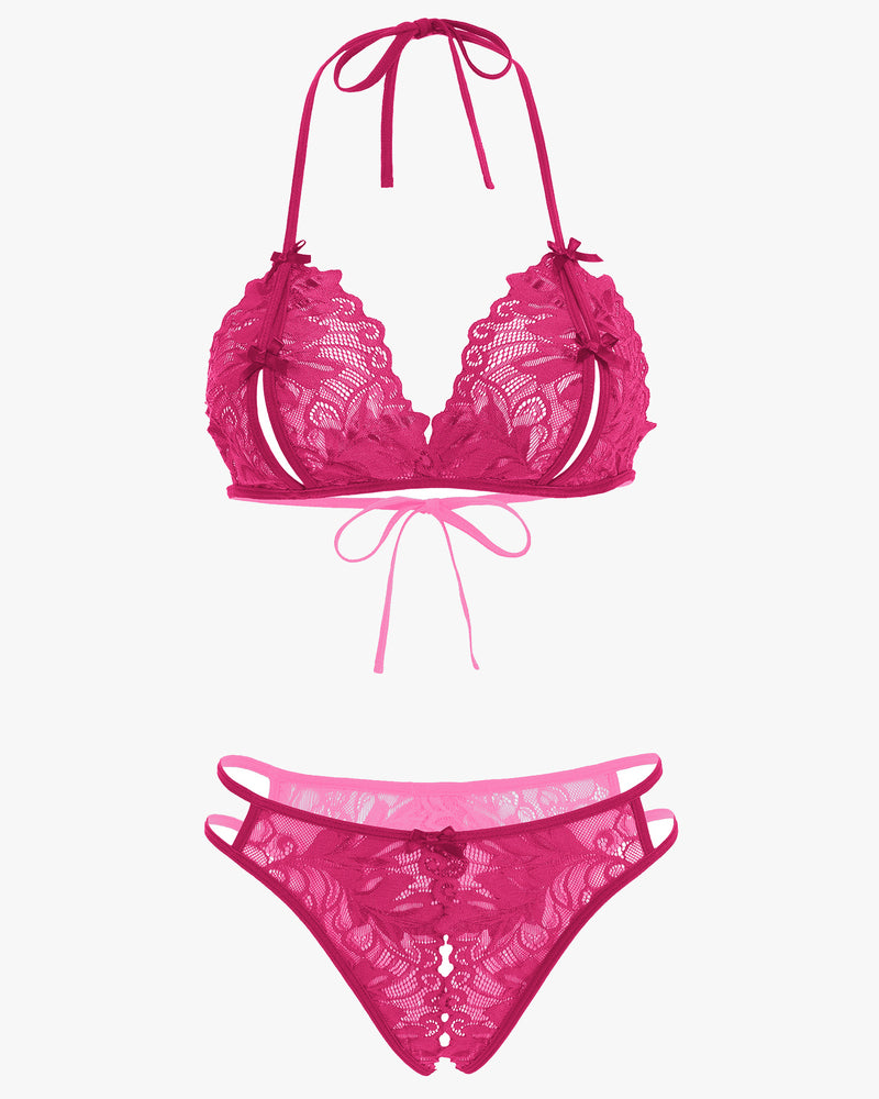 Avidlove fuchsia lace halter bra and panty set. Halter tie design, floral lace, 2-piece lingerie.