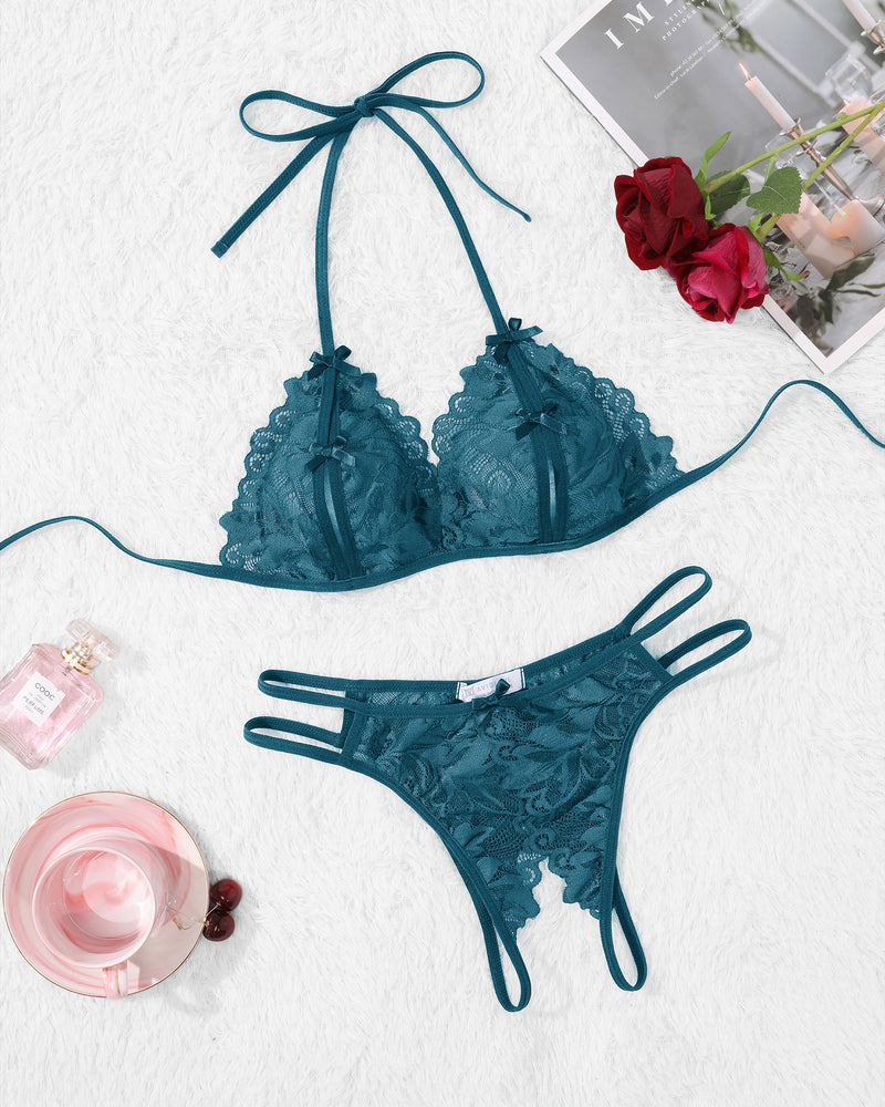 Teal lace Avidlove halter bra and panty set, floral design, halter tie, sexy lingerie, 2-piece set