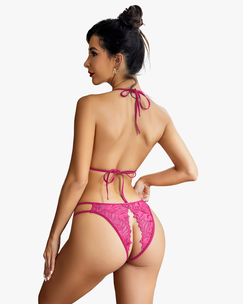 Pink lace bra and panty set, halter tie design, Avidlove lingerie. Sexy lingerie.