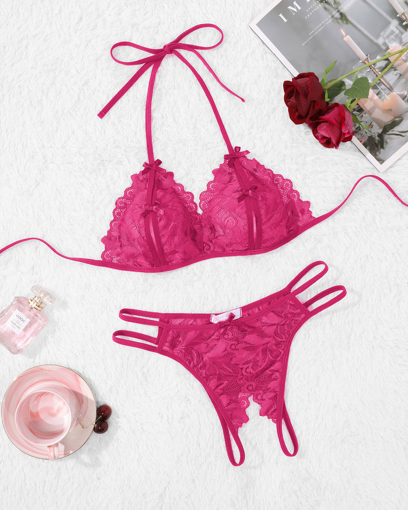 Avidlove pink lace halter bra and panty set, floral design, 2-piece lingerie set. Sexy lingerie.