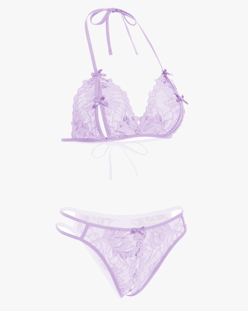 Lavender lace halter bra and panty set with bows, playful and flirtatious lingerie, two piece set