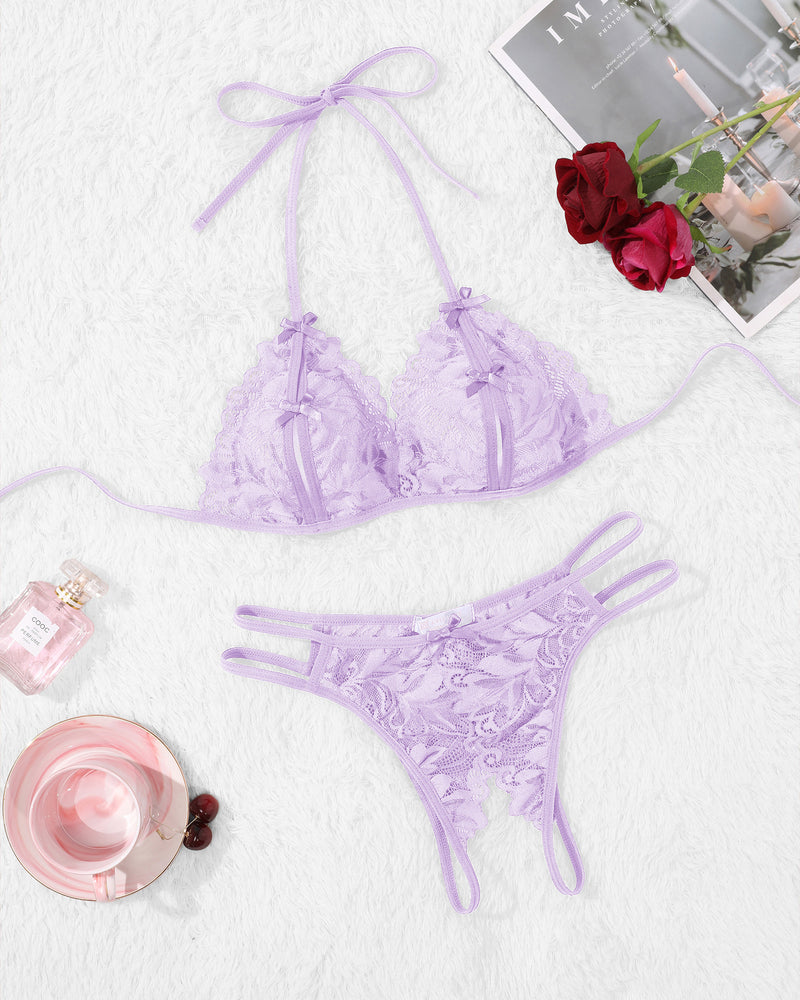 Avidlove lavender lace halter bra and panty set. Halter tie, floral lace details, 2-piece.