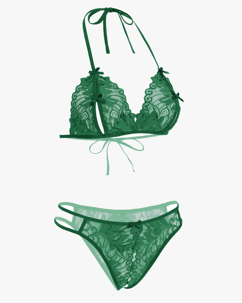 Avidlove green lace halter bra and panty set, halter tie, floral lace details, sexy lingerie