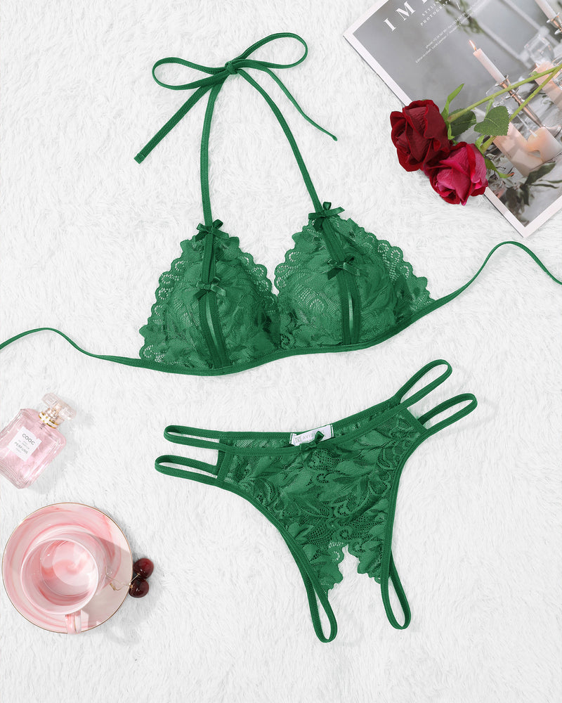 Green lace halter bra and panty set. Halter tie design, floral lace details, Avidlove sexy lingerie