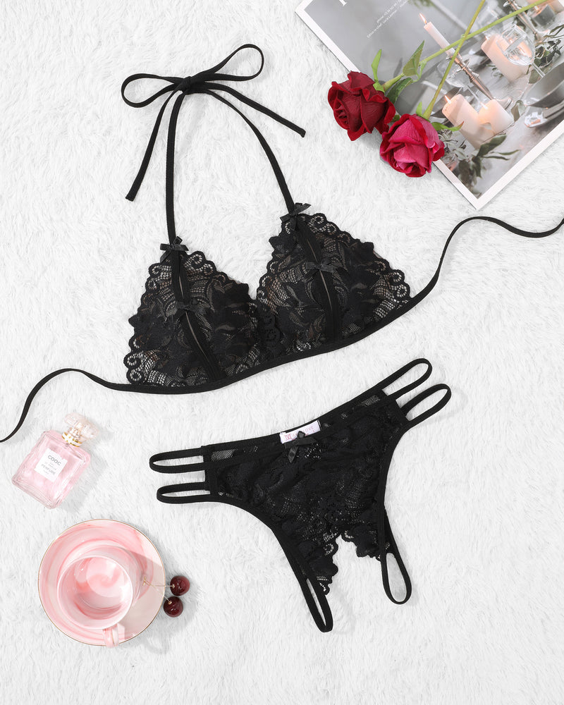Avidlove black lace halter bra and panty set. Floral lace details, sexy lingerie design, 2-piece set