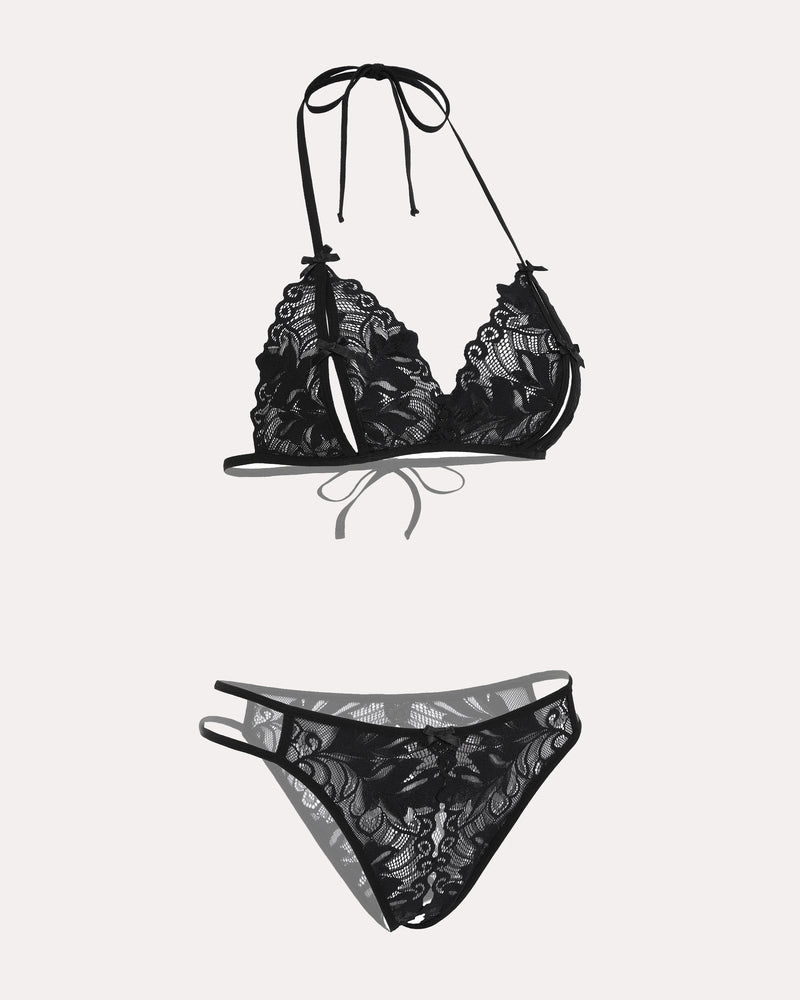 Avidlove black lace halter bra and panty set. Floral lace, halter tie design. 2-piece lingerie.