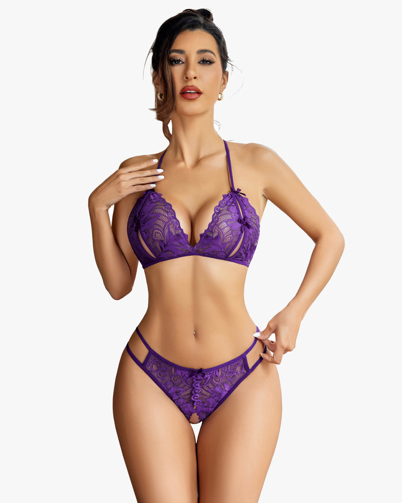 Purple lace halter bra and panty set. Halter tie design, floral lace, 2-piece lingerie set.
