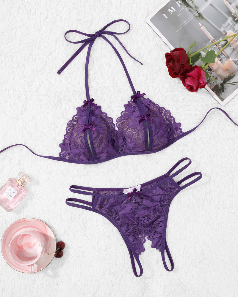 Avidlove purple lace halter bra & panty set. Floral design, halter tie. 2-piece lingerie.