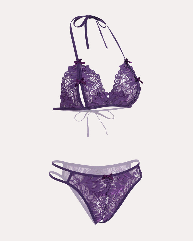 Purple lace halter bra and panty set with bows, designed for a playful and flirtatious look.
