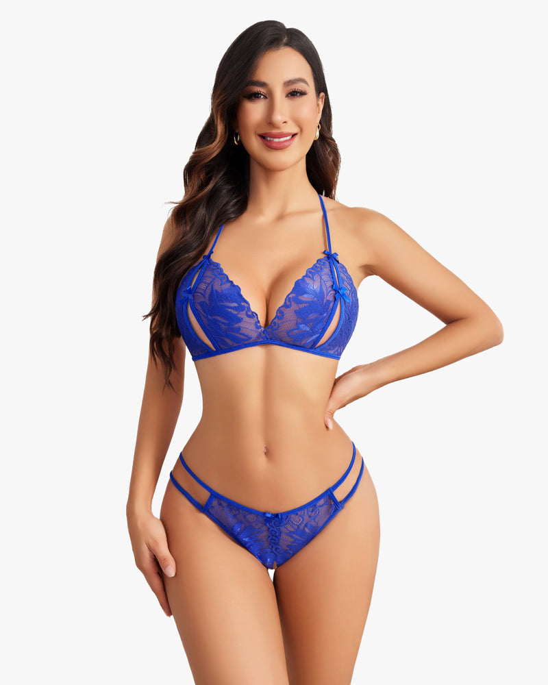 Blue lace halter bra and panty set. Floral design, halter tie, lingerie, sexy lingerie.