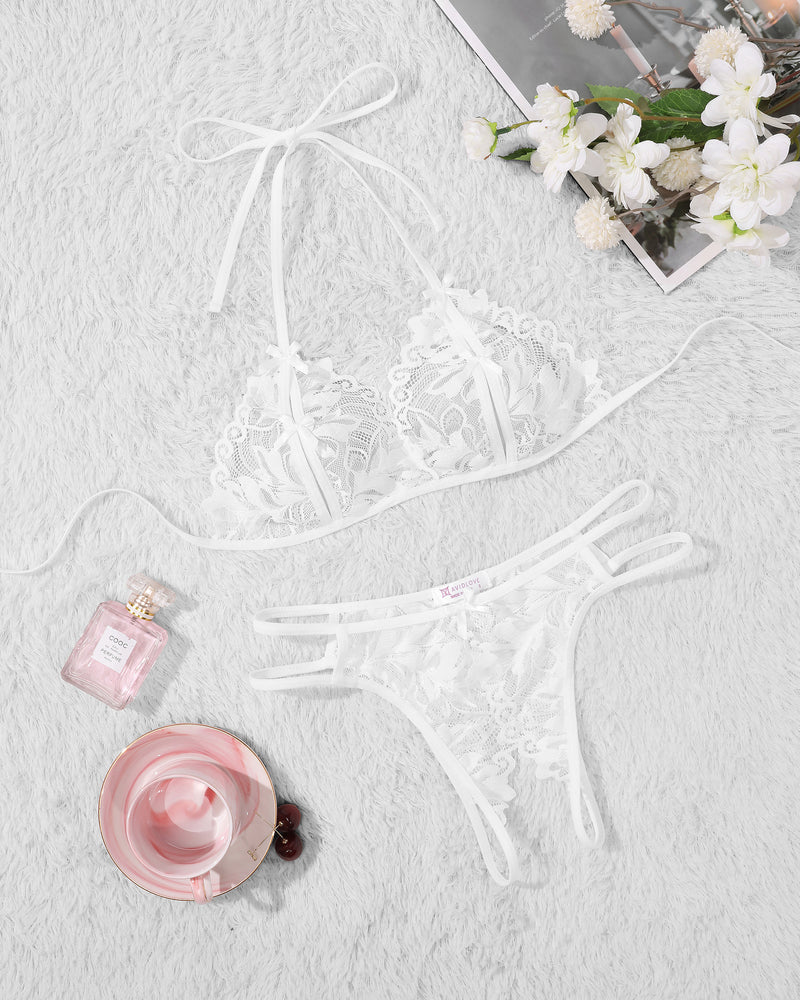 Avidlove white lace halter bra and panty set. 2-piece lingerie. Halter tie, floral design, sexy.